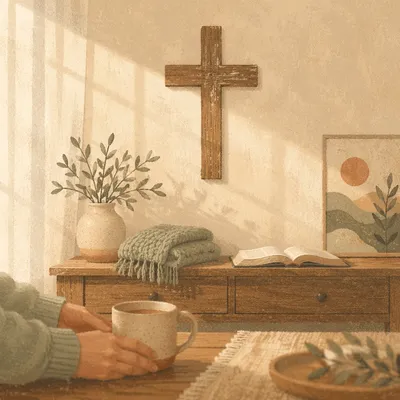 Wooden Cross on Peaceful Living Room Wall