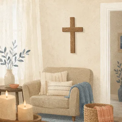 Wooden Cross in Cozy Living Room