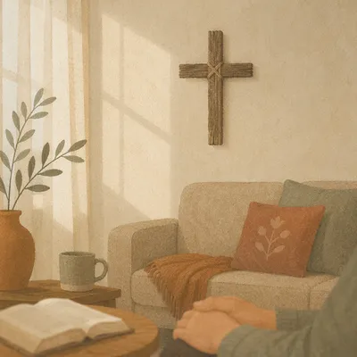Handmade Wooden Cross in Calm Living Room