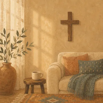 Wooden Cross on Warm Living Room Wall