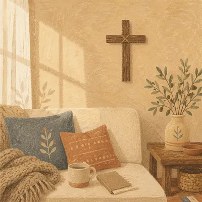 Handmade Wooden Cross in Peaceful Living Room