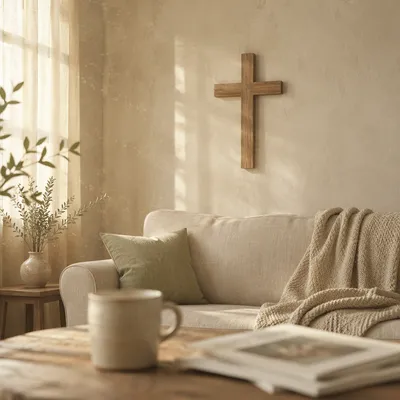 Wooden Cross Above Cozy Linen Sofa