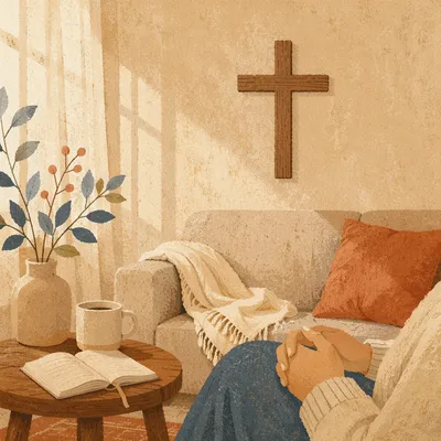 Wooden Cross on Warm Living Room Wall