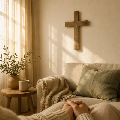 Wooden Cross Above Peaceful Living Room Sofa