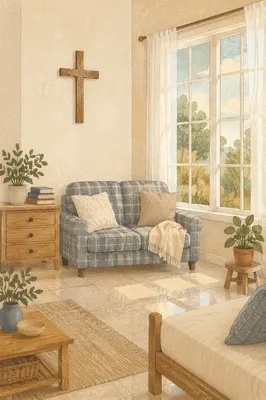 Wooden Cross in Sunlit Living Room