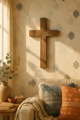 Wooden Cross on Cozy Living Room Wall