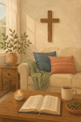 Wooden Cross Above Cozy Living Room Sofa