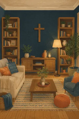 Wooden Cross on Teal Living Room Wall