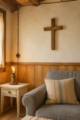Wooden Cross in Cozy Living Room Corner