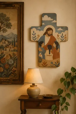 Wooden Cross on Warm Living Room Wall