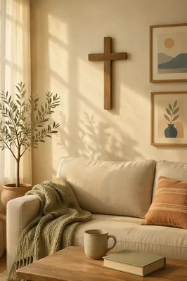 Wooden Cross Above Cozy Living Room Sofa