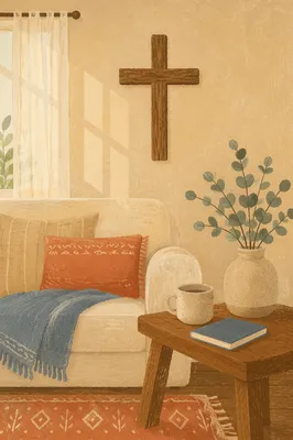 Wooden Cross Above Cozy Living Room Sofa