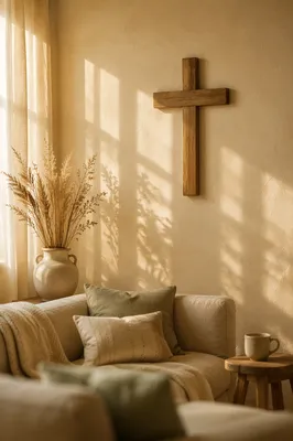 Wooden Cross Above Cozy Living Room Sofa
