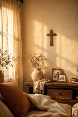 Wooden Cross on Warm Living Room Wall