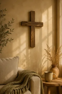 Wooden Cross on Warm Living Room Wall