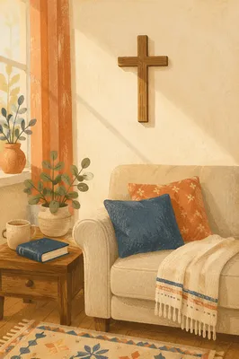 Wooden Cross on Peaceful Living Room Wall