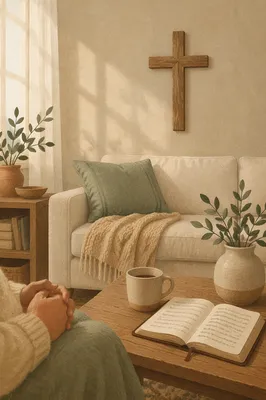 Wooden Cross Above Sofa in Living Room