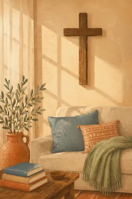 Wooden Cross Above Cozy Linen Sofa
