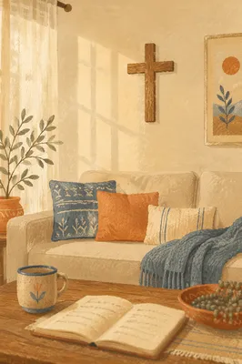 Wooden Cross Above Cozy Linen Sofa