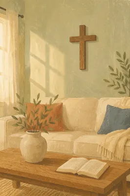 Wooden Cross on Sage Living Room Wall