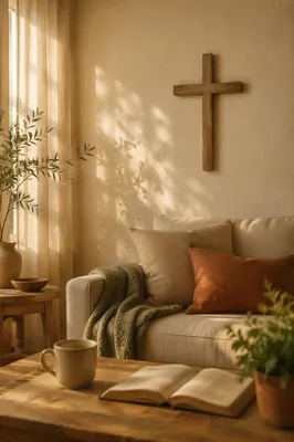 Wooden Cross on Peaceful Living Room Wall