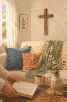 Wooden Cross Above Cozy Living Room Sofa