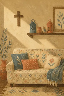 Wooden Cross Above Cozy Living Room Sofa