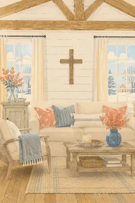 Wooden Cross in Cozy Rustic Living Room