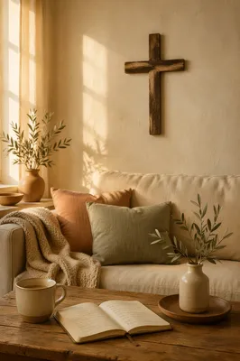 Wooden Cross on Peaceful Living Room Wall