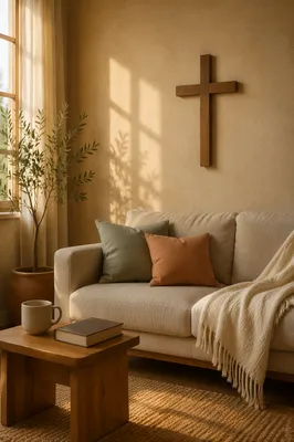 Wooden Cross on Warm Living Room Wall