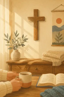Wooden Cross on Peaceful Living Room Wall