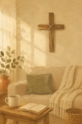 Handmade Wooden Cross in Cozy Living Room
