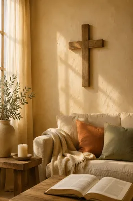 Wooden Cross Above Cozy Linen Sofa