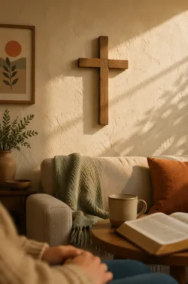 Wooden Cross on Cozy Living Room Wall