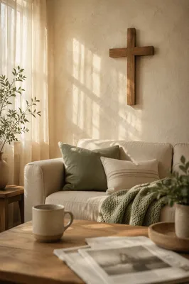 Wooden Cross Above Cozy Living Room Sofa