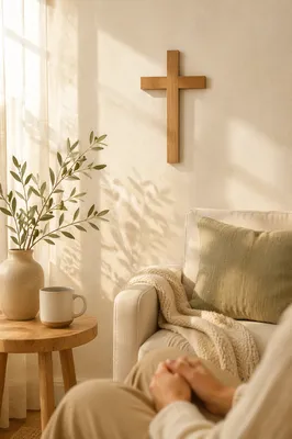 Wooden Cross Above Cozy Living Room Sofa