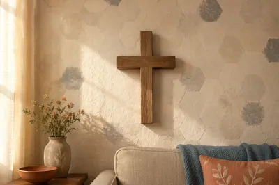 Wooden Cross on Cozy Living Room Wall