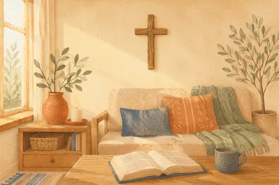 Wooden Cross Above Cozy Living Room Sofa