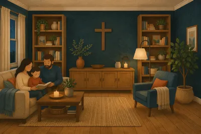 Wooden Cross on Teal Living Room Wall