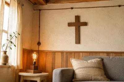 Wooden Cross in Cozy Living Room Corner
