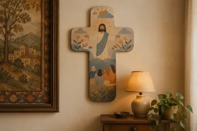 Wooden Cross on Warm Living Room Wall