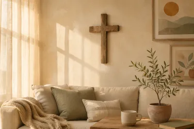 Wooden Cross on Warm Living Room Wall
