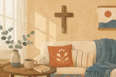 Wooden Cross Above Cozy Living Room Sofa