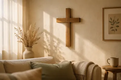 Wooden Cross on Warm Living Room Wall
