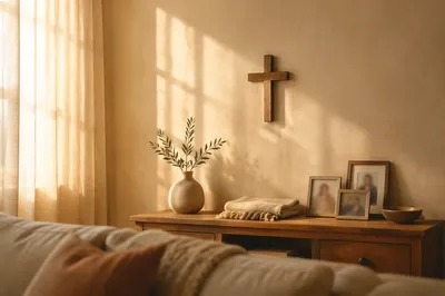 Wooden Cross on Warm Living Room Wall