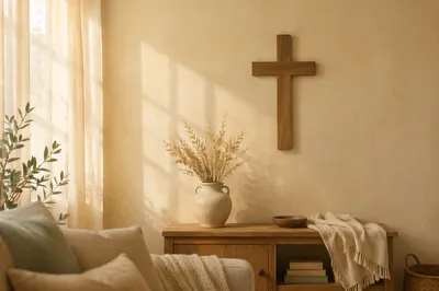 Wooden Cross on Warm Living Room Wall