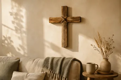 Wooden Cross on Warm Living Room Wall