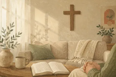 Wooden Cross Above Cozy Living Room Sofa