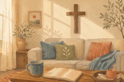 Wooden Cross Above Cozy Linen Sofa