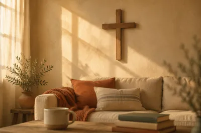 Wooden Cross Above Cozy Living Room Sofa